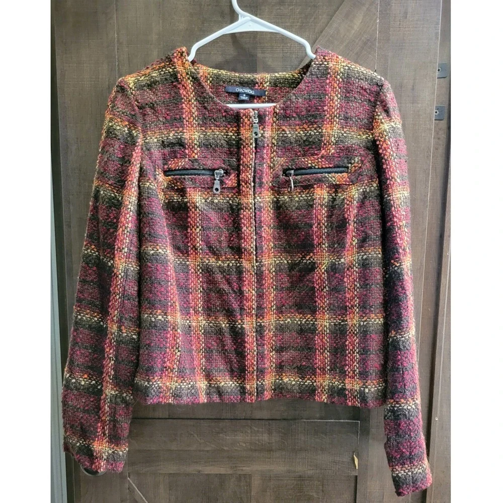 Chadwicks Multi-Color Plaid Tweed Zip Front Jacket Burgundy Orange Green Size 8